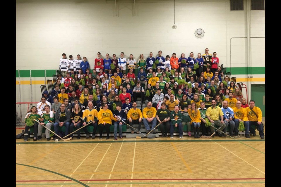 District School Board Ontario North East shared this photo on Twitter of Roland Michener Secondary School students and staff in South Porcupine showing their support for Humboldt. 