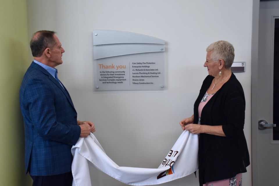 A plaque honouring the contributions of businesses and individuals who've invested in Northern College's Integrated Emergency Services Complex. Maija Hoggett/TimminsToday