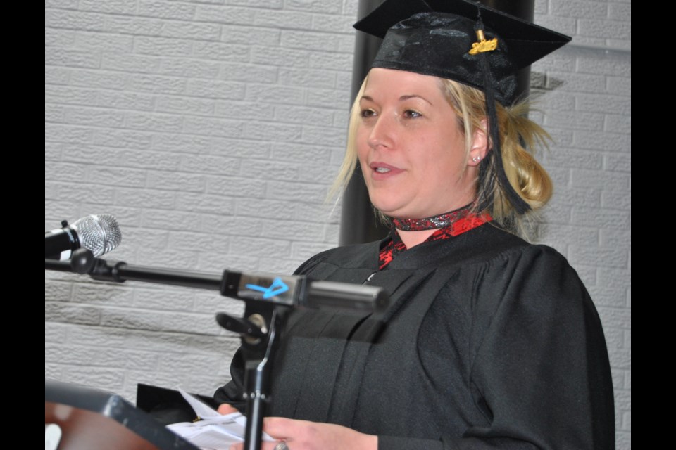 Karen Blouin, 2016 Hardrock Mining graduating class valedictorian, addresses guests and fellow graduates at Northern College. Frank Giorno for TimminsToday