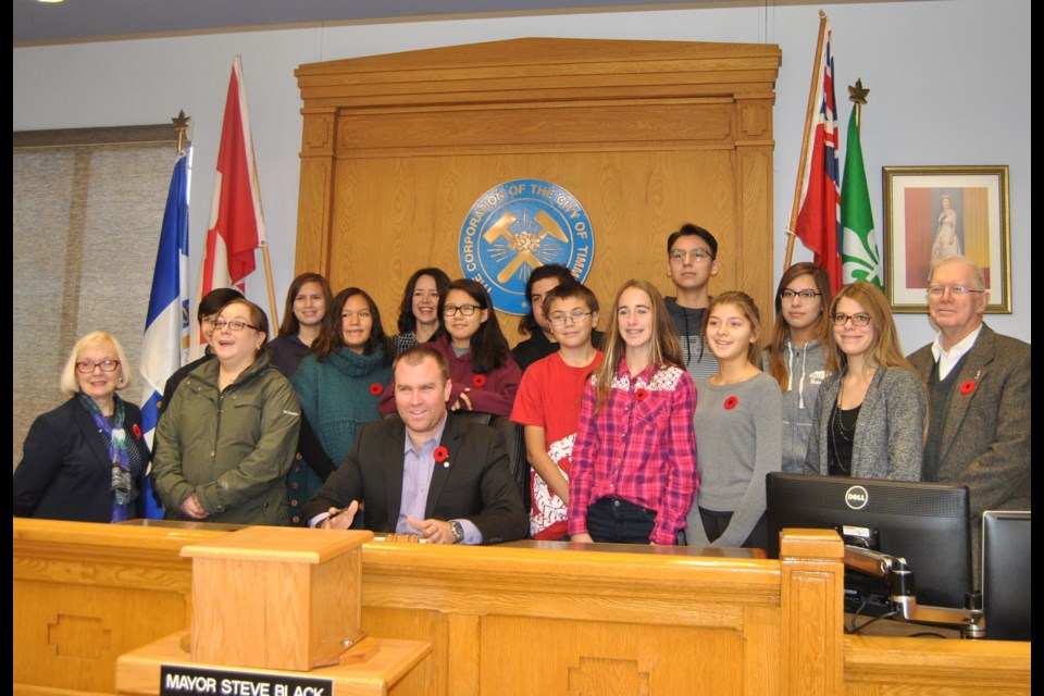 Mayor Steve Black, front row centre, surrounded by Timmins students as he signed proclamation declaring the week of November 6 to 12, 2016 Treaties Recognition Week. Frank Giorno for TimminsToday