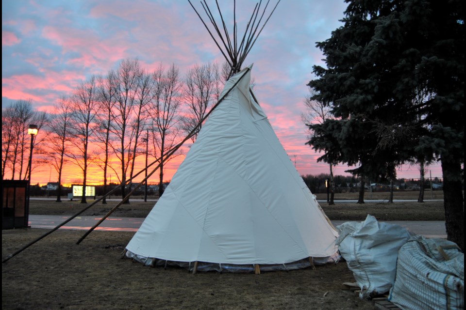 A welcoming tepee at the main entrance to Northern College against fiery sunset. Frank Giorno for TimminsToday. 