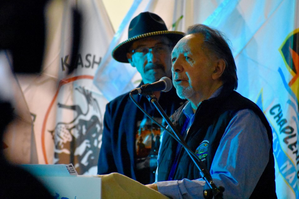 Former Mushkegowuk Council grand chief Jonathan Solomon looks on as Mushkegowuk Council lands and resources department director Lawrence Martin announces the successful end of the feasibility study for the national marine conservation area in Northern Ontario.