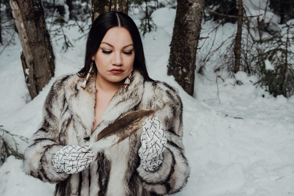 A New York Fashion week promotional shot for Scott Wabano's collection that will be showing on Feb. 10, featuring Moose First Nation model, Dawn Trapper.