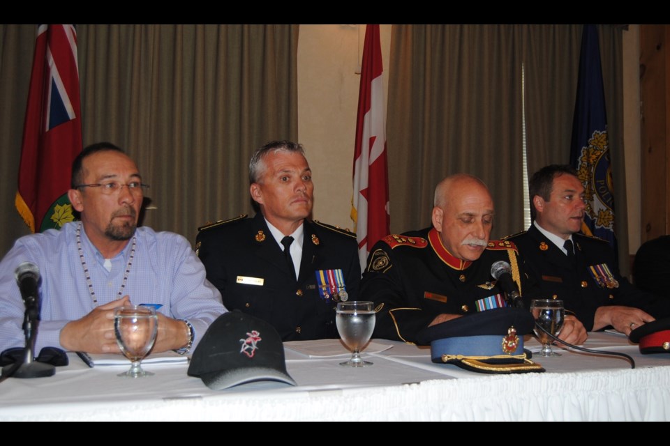 A multi-force anti-drug operation resulted in the arrest of 52 individuals and the disruption of a $1.5 million dollar drug traffick ring. From Left to Right, Grand Chief Jonathon Solomon, Mushegowuk; Acting Chief Suprindent Chris Nicholas, OPP Commander of the Organized Crime Enforcement Bureau, Chief Terry Armstrong, NAPS and OPP Deputy Commissioner Rick Barnum. Photo Frank Giorno Timminstoday.com