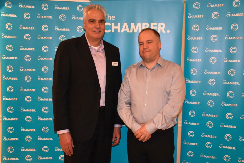 Timmins Chamber of Commerce board president Val Venneri (left) and Lake Shore Gold's David Bernier at the chamber's Inside Their Business event with Lake Shore Gold. (Maija Hoggett/TimminsToday)