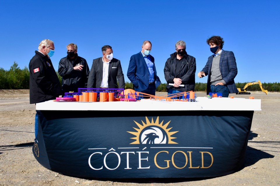 Ontario Premier Doug Ford and Prime Minister Justin Trudeau look at a model of the Cote Gold site after the groundbreaking. Maija Hoggett/TimminsToday