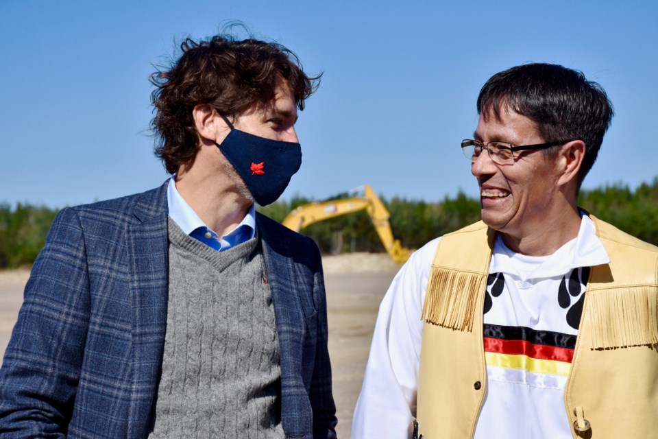 Prime Minister Justin Trudeau and Mattagami First Nation Chief Chad Boissoneau and the groundbreaking for IAMGOLD's Côté Gold Mine near Gogama. Maija Hoggett/TimminsToday