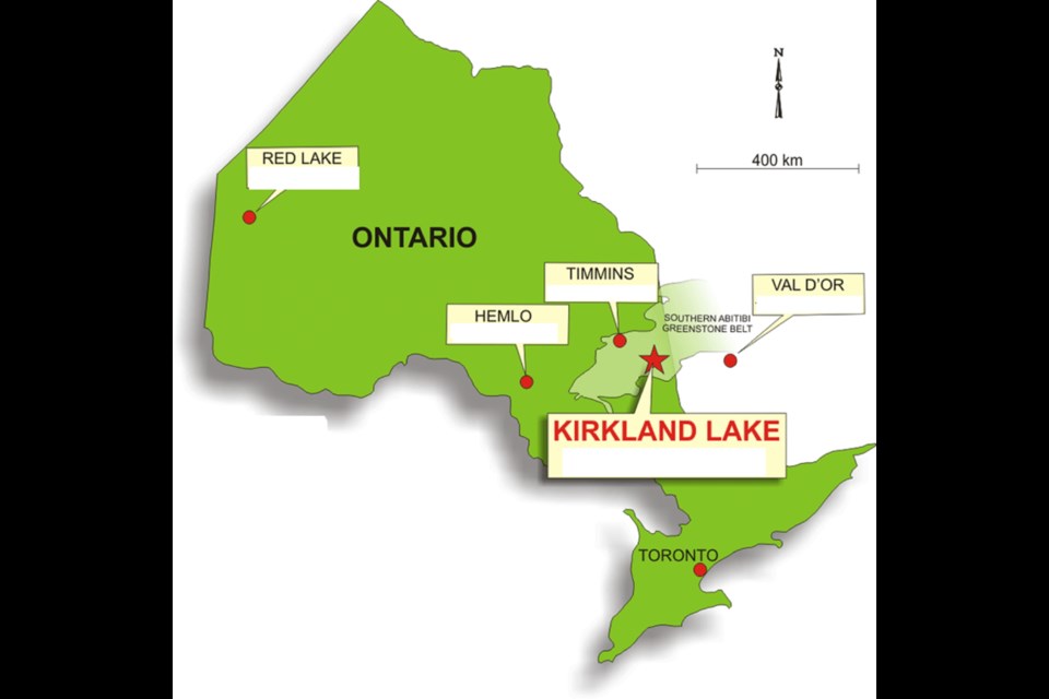 Map of Timmins-Kirkland Lake Gold Mining Area