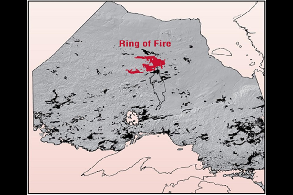 Development of Northern Ontario's Ring of Fire awaits provincial and federal infrastructure funding, environmental permits, a transportation corridor and agreements with First Nations. Map courtesy of Ministry of Northern Development and Mining.