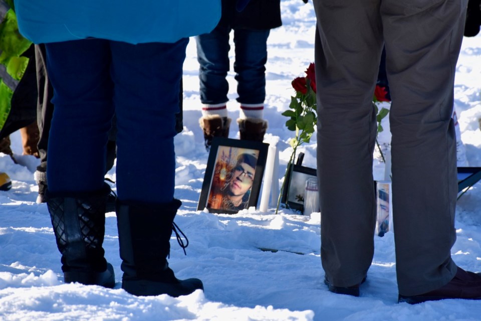 More than 100 people attended a vigil today for Joey Knapaysweet, who died after a police-involved shooting Feb. 3 in Timmins. Family and friends supported each other as they stood in a circle around pictures of the 21-year-old and red roses to say prayers. The Special Investigations Unit is looking into the circumstances surrounding his death. Maija Hoggett/TimminsToday
