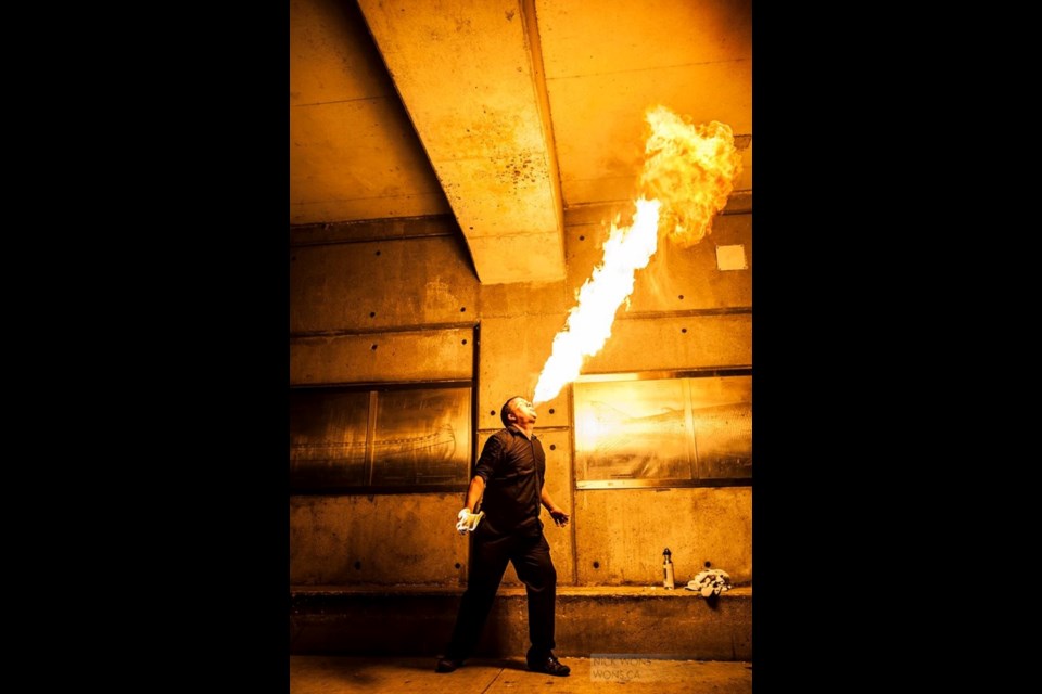 Damien Flame, renowned international fire-eater, will be on hand to fire-up Rock by The River