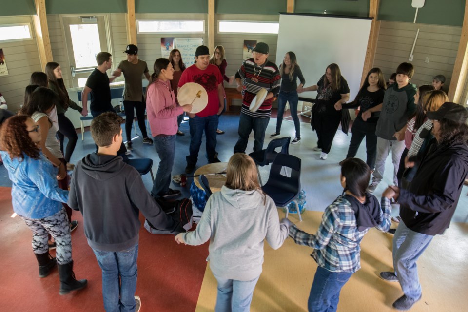 The Thunder Creek Singers at Northern College on Friday. High school students were invited to take place in a round dance. Jeff Klassen/Timmins Today