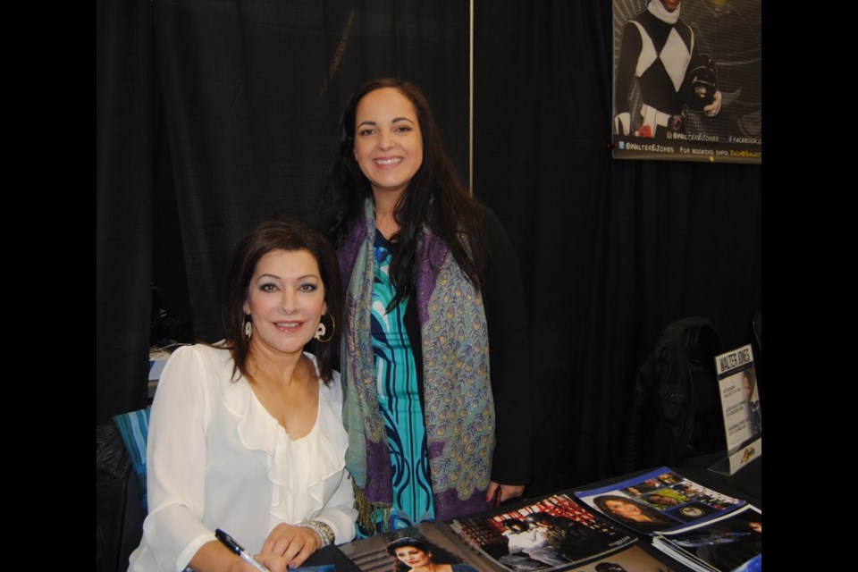 Marina Sirtis (left) who played Commander Troi on Star Trek the Next Generation, with fan Jessica Whitehead (right),