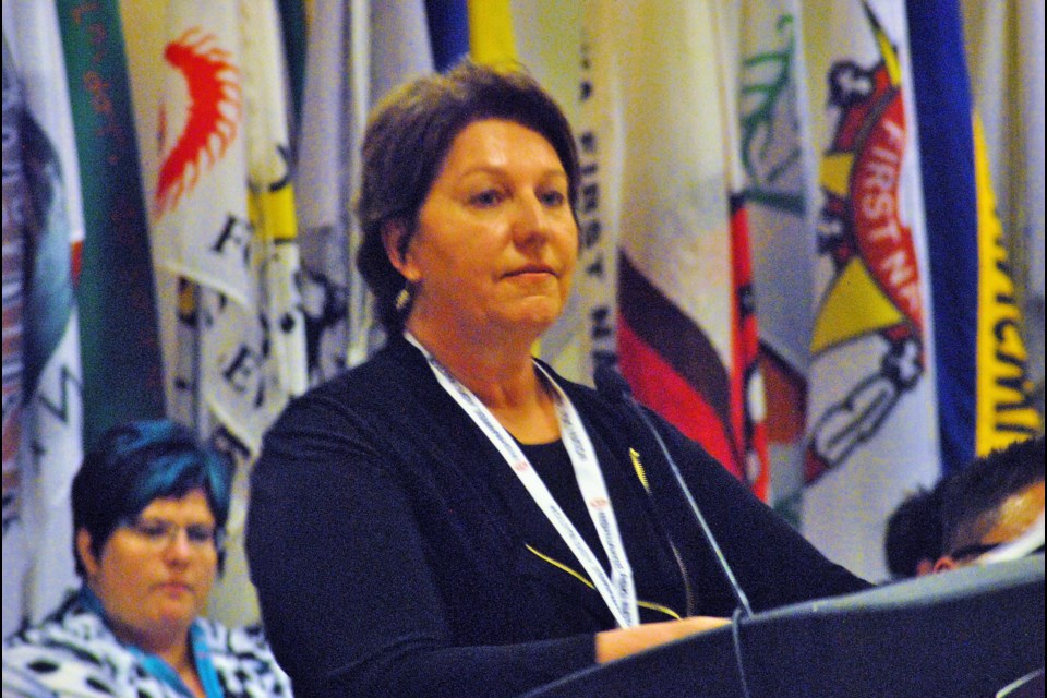 Joyce Pelletier, a judge from Thunder Bay, Ontario was named to the Chair of the Ontario Far North Electoral Boundaries Commission on May 2, 2017. Here is is addressing the meeting of the NAN Chiefs on May 10. 2017. Frank Giorno for TimminsToday