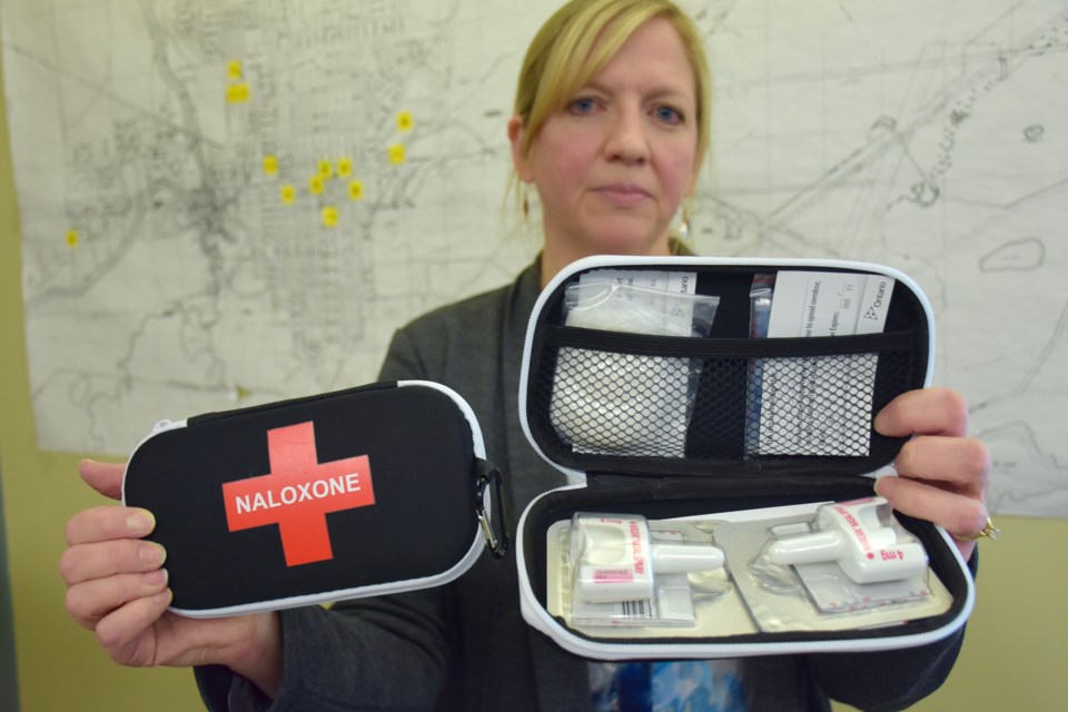 Porcupine Health Unit Medical Officer of Health Lianne Catton with Naloxone kits, which are free and available at the organization's offices and many pharmacies. Maija Hoggett/TimminsToday