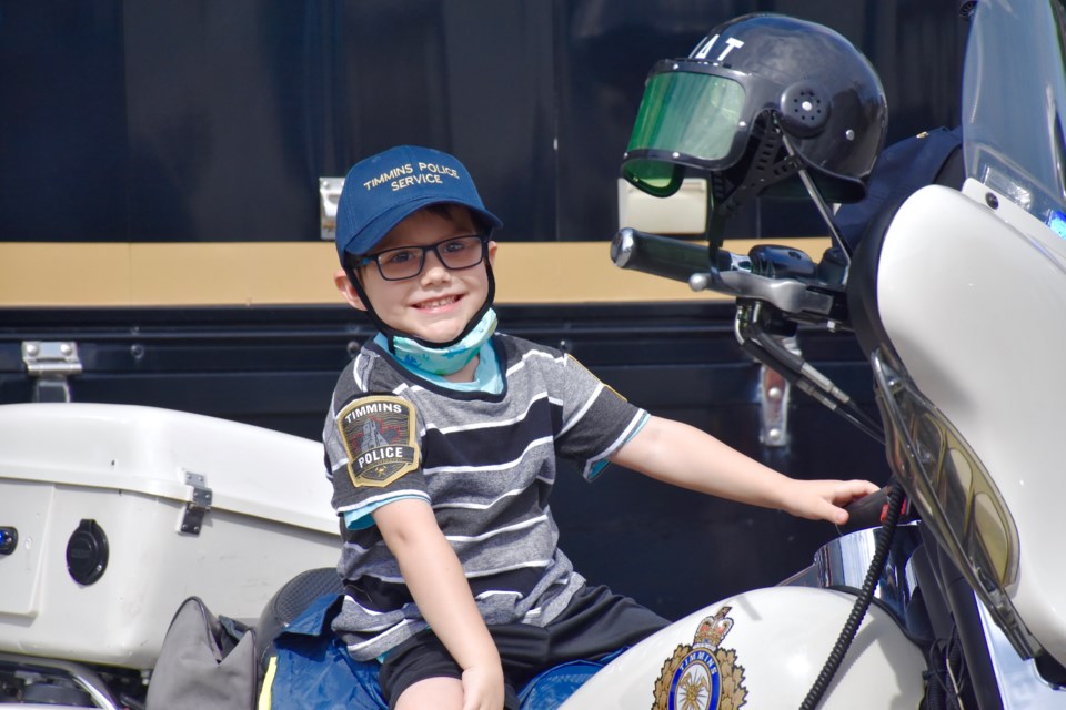 Five-year-old Branden Tom, who has been patrolling his neighbourhood, got a special visit from the Timmins Police. Maija Hoggett/TimminsToday