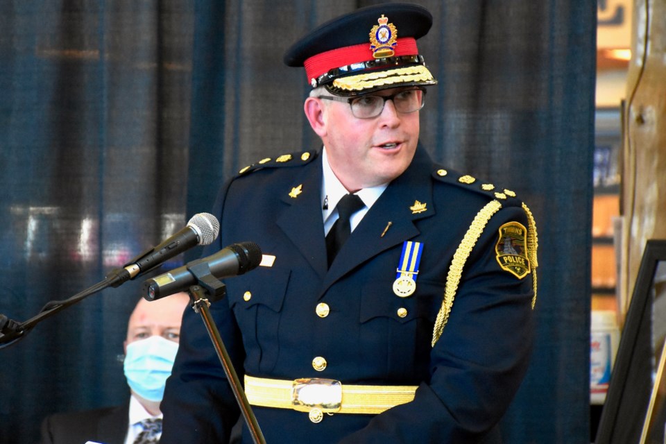 Timmins Police Chief Dan Foy talks after being sworn in.