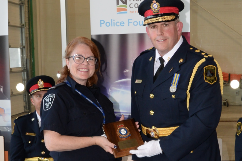 Timmins Police handed out awards recently at Northern College. They marked milestone years of service, new constables and civilian staffers, along with longtime members of the pipes and drums band.