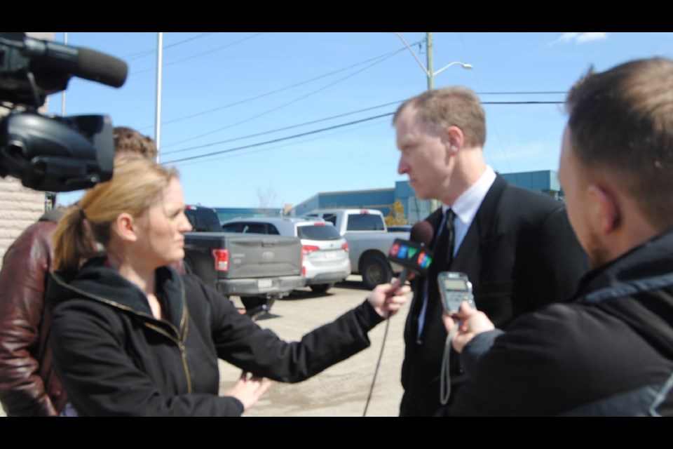 MADD Spokesperson David Tonelli is scrummed by the Timmins media after his organization provided TPS with two Drager Alcotest breathalyzers to the Timmins Police. Photo by Frank Giorno, Timminstoday.com staff