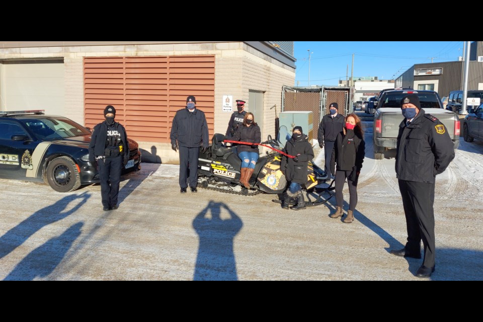 Pictured here (in COVID-19 compliant fashion) from left to right is Cst. Caroline Rouillard, Chief John Gauthier, Traffic Sgt Thomas Chypyha, Amy St-Amour (MADD), Shirley Roy (MADD), Deputy Chief Henry Dacosta, Sherrie Grezla (MADD), and Inspector Richard Blanchette. Photo provided by the Timmins Police Service