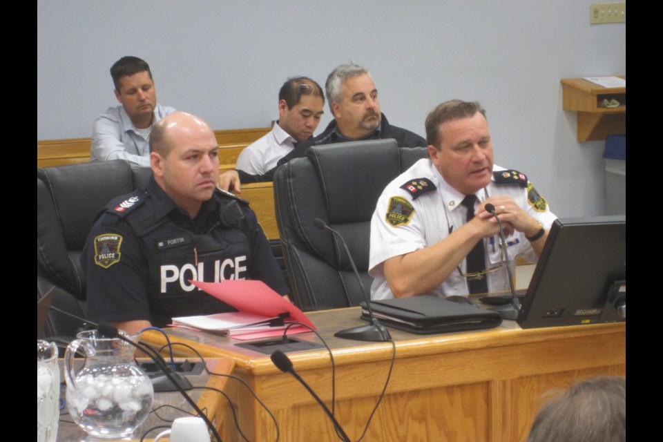 Timmins Police Service Seargent Mike Fortin (left) and Deputy Chief Des Walsh spoke at city hall this week. Andrew Autio for TimminsToday                               