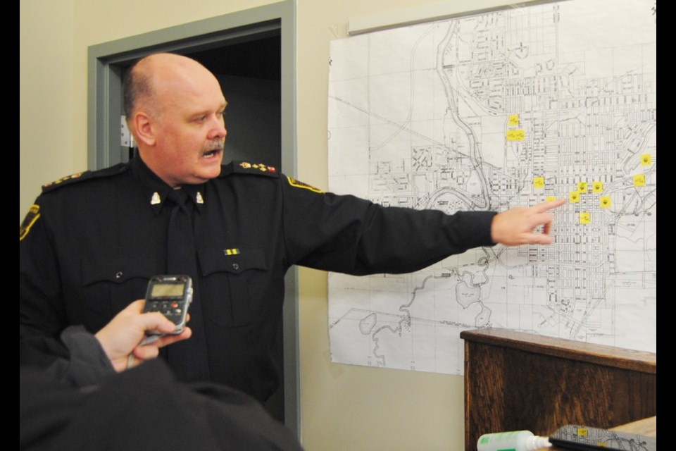 Timmins Police Chief John Gauthier points to the locations of the city's closed circuit televisions.