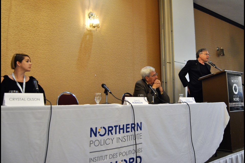 Northern Policy Institute Panel featuring Professor David Robinson (right), David MacKinnon, centre and Crystal Olson examines the benefits and risk of future restructuring options for Northern Ontario. Frank Giorno for TimminsToday.