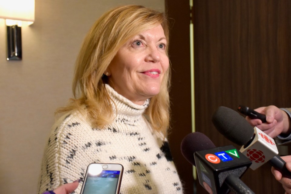 Ontario PC leadership candidate Christine Elliott talks to media in Timmins. Maija Hoggett/TimminsToday