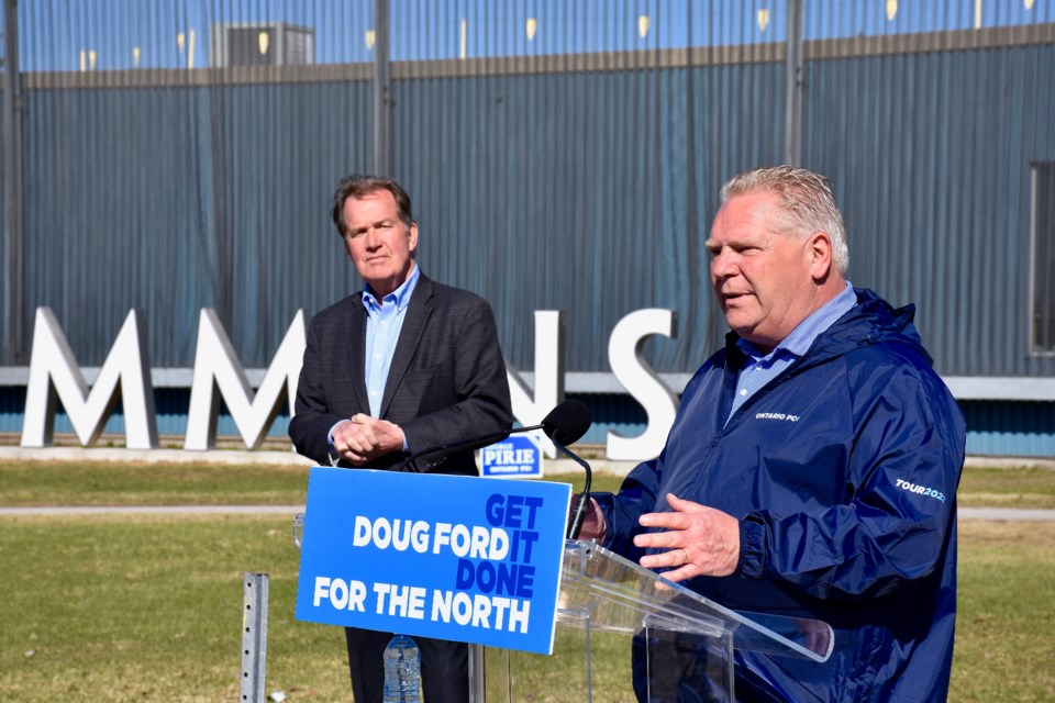 Timmins Progressive Conservative Candidate George Pirie and Ontario PC leader Doug Ford at the Timmins Museum: National Exhibition Centre on May 8, 2022.