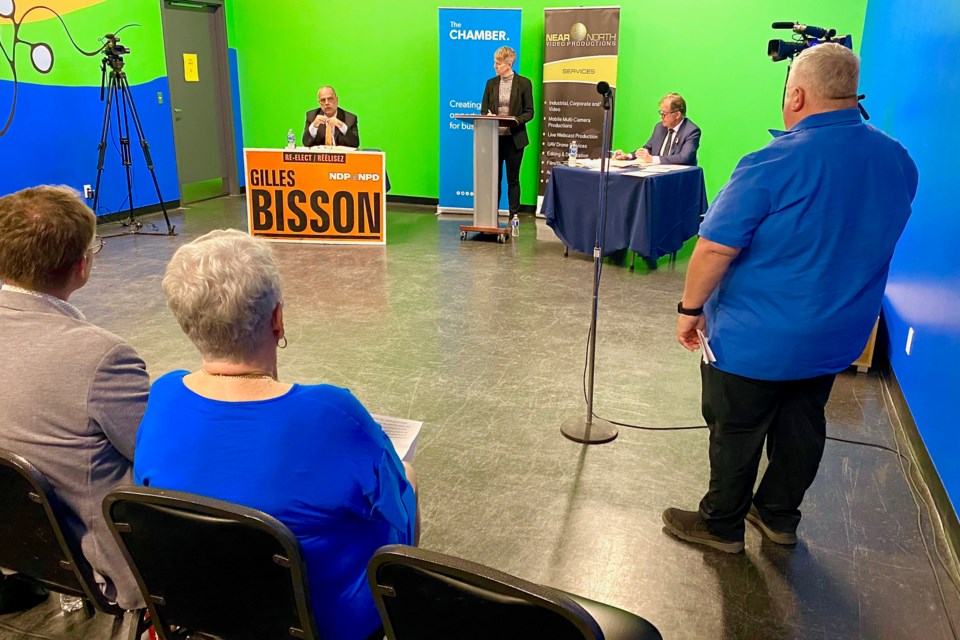 Incumbent NDP candidate Gilles Bisson and Ontario PC George Pirie at a debate May 17, 2022, at the Timmins Museum. The event was hosted by the Timmins Chamber.