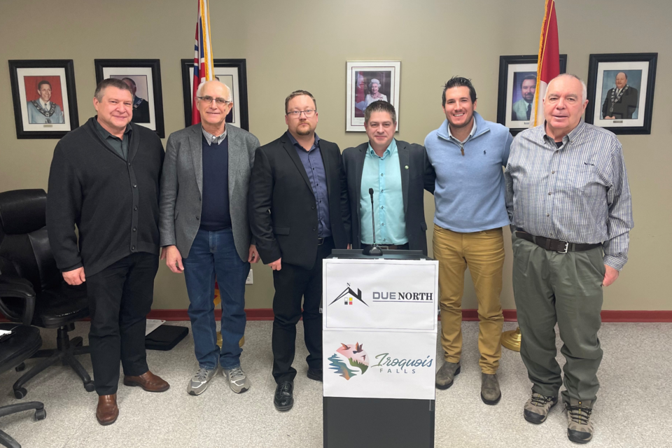 Pictured during a Dec. 19 announcement are  (from left) Konstantin Parilov, vice-president of construction at Due North Housing; president Alexander Bimman; regional vice-president Gilles Giguere; Iroquois Falls Mayor Tory Delaurier; Brian Finner, Iroquois Falls' director of recreational services; and economic development officer Bill Greenway.
