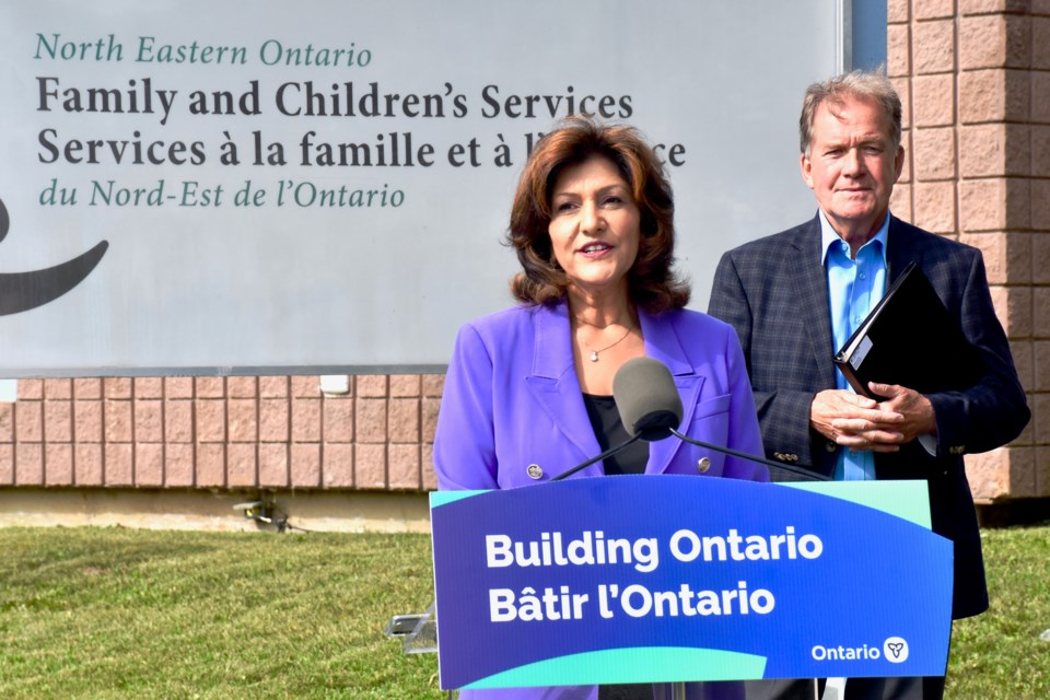 Ontario Associate Minister of Housing Nina Tangri announces funding for youth transition beds in Timmins with MPP George Pirie.