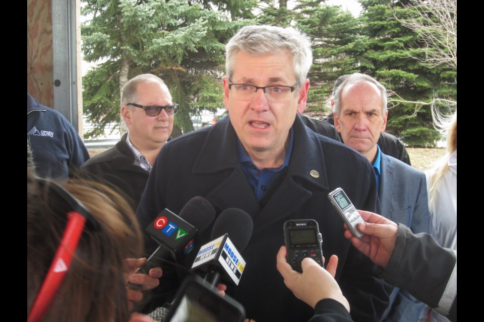 Federal NDP leadership candidate and Timmins-James Bay MP Charlie Angus speaks to reporters at Hollinger Park. Andrew Autio for TimminsToday                               