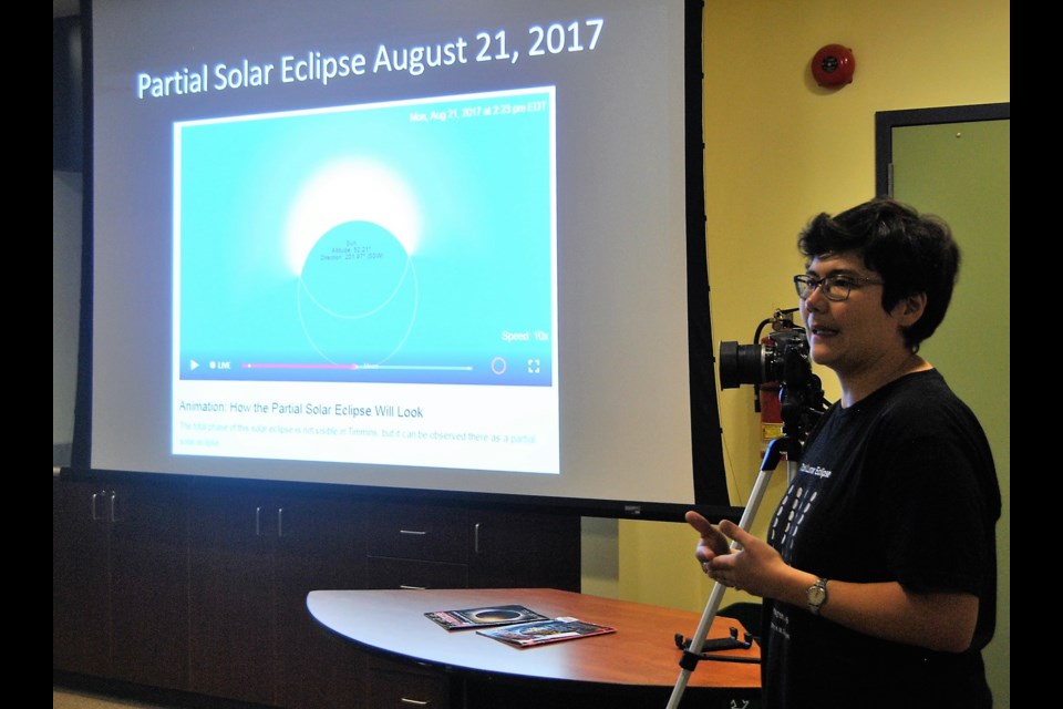 Karina Douglas Takayesu Timmins reference librarian provided tips on safe viewing of the partial eclipse of the sun that will be visible in Timmins on Monday August 21 between 1 p.m. and 3:30 p.m. Frank Giorno for TimminsToday