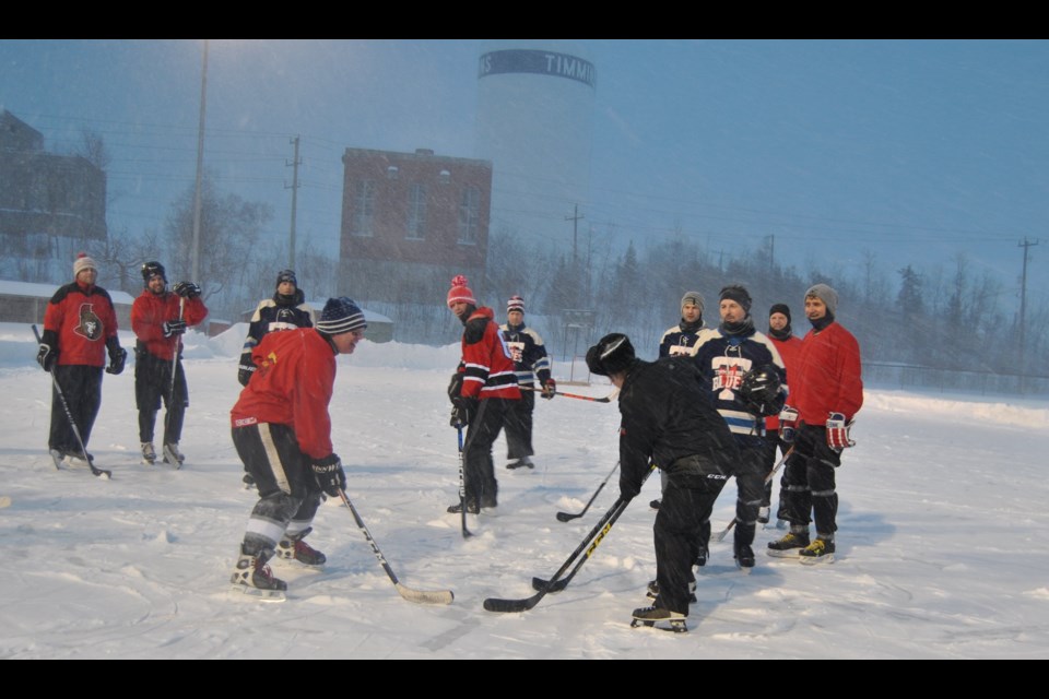 Red team and Blue team get set for the first Hollinger Outdoor Hockey Classic and the 54th year the two squads have been pursuing their love of hockey. Frank Giorno for TimminsToday.