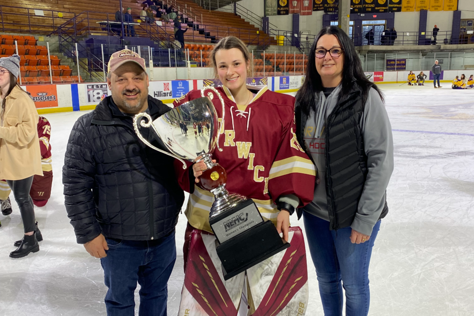 Timmins' Madison Brunet and here Norwich teammates won the NEHC conference title and are heading to the DIII National Women's Championships.