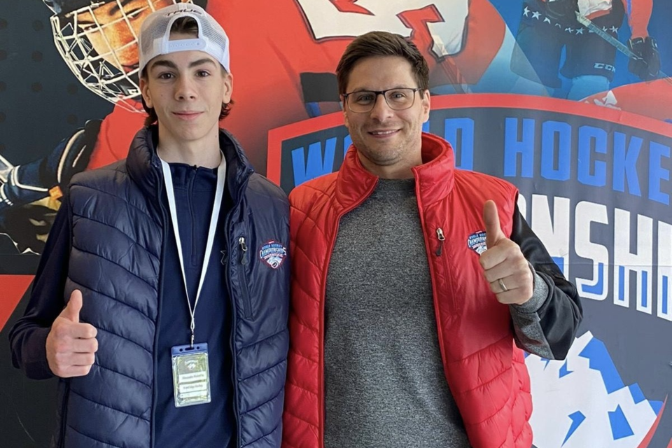 Timmins goalie Alex Mainville, left, travelled all the way to Innsbruck for an elite tournament Timmins native Pierre Beaulieu helps host.