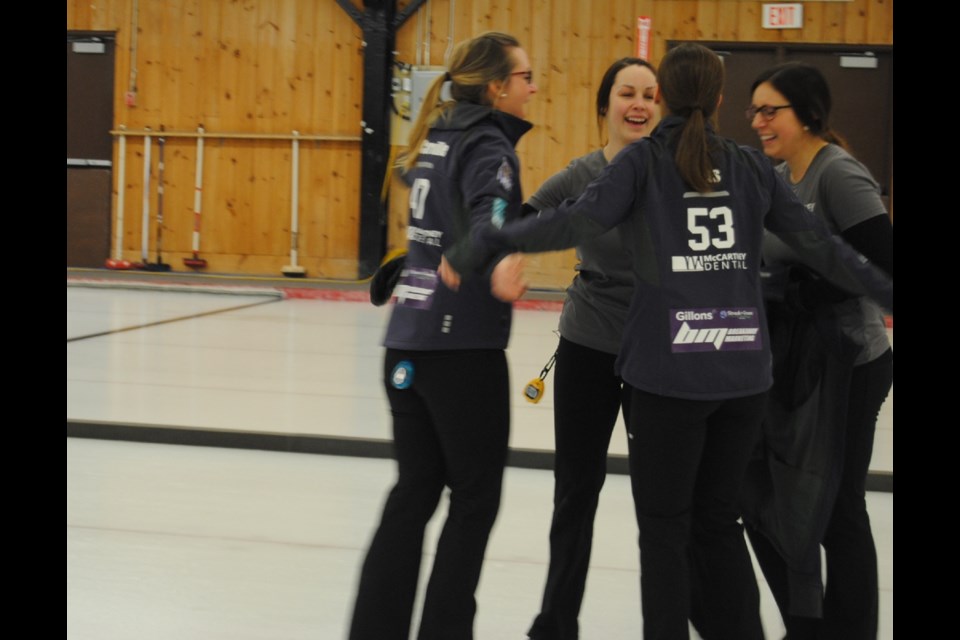 Team McCarville celebrates their victory over Team Fleury at the Northern Ontario Scotties Tournament