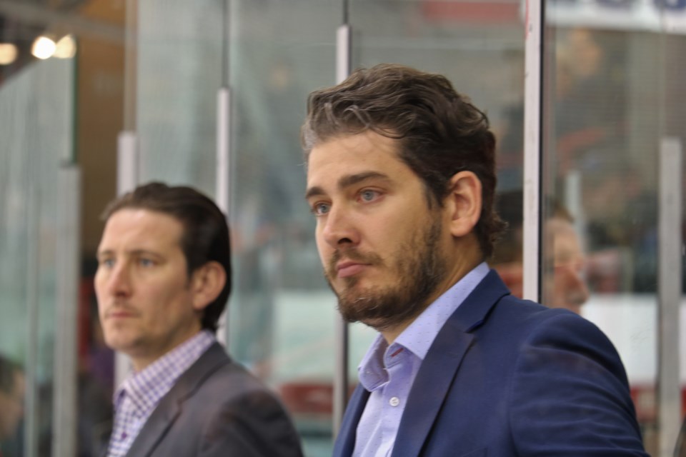 Timmins Rock Head Coach Corey Beer (right) watches his team during a pre-season match against the Hearst Lumberjacks. Andrew Autio for TimminsToday