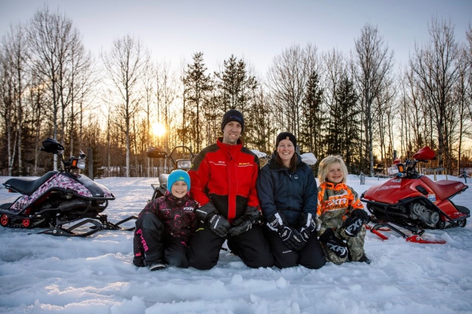 Piper, left, Patrick, Katelin and Greyson Dzijacky are members of the Timmins Snowmobile Club and they were recognized as an Ontario Federation of Snowmobiles Clubs Family of the Year for 2021-2022. 