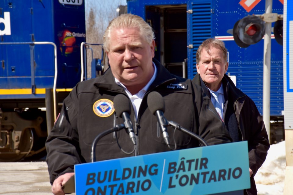 Ontario Premier Doug Ford and Timmins Mayor George Pirie at an Ontario Northland announcement April 10 in Porcupine. 