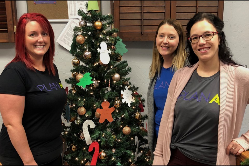 The Staff at Plan A in Timmins display the Christmas tree for its Adopt A Senior program. Area residents are invited to take an ornament from the tree, and return it with gifts for their “adopted” senior by Dec. 16. From left are Plan A recruiter Karine Giroux, Timmins owner Jackie Noble-Chow, and executive assistant Michelle Lambert. Wayne Snider for TimminsToday.