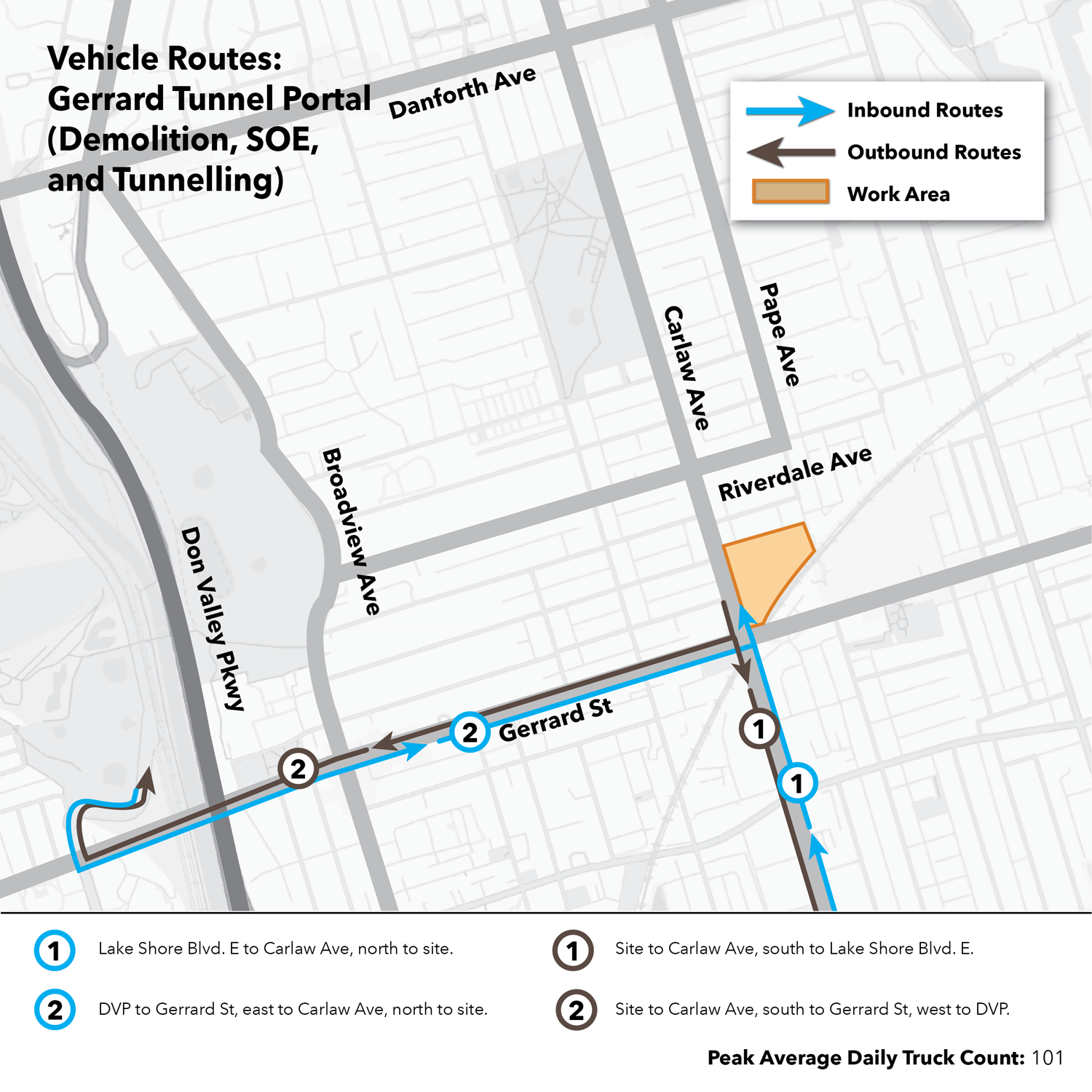 About 100 heavy trucks carrying spoil from tunnel construction will pass through busy neighbourhoods on Gerrard St. E. once tunnel building begins.