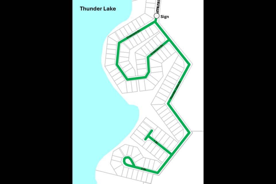The County of Barrhead has launched their Golf Cart Pilot Project announced on Facebook on July 23. Pictured map of approved Thunder Lake roadways. Photo supplied.