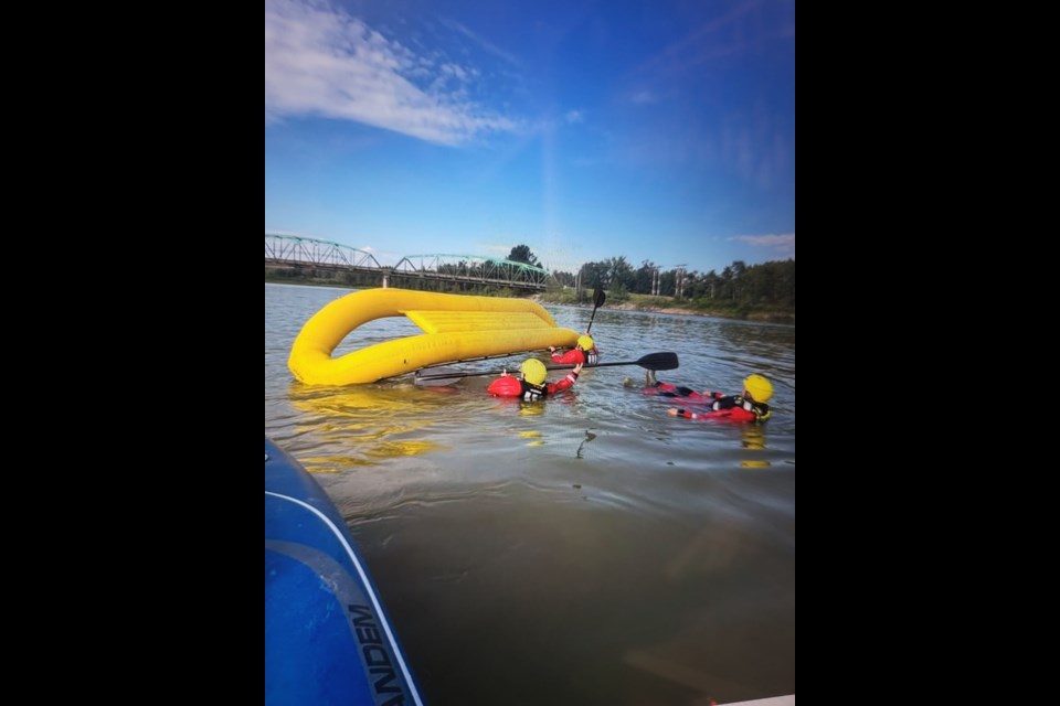The Fort Assiniboine Fire Department participated in Swiftwater and Flood Rescue Technician training on July 27 at Allen O’Brien’s marina in the Woodlands RV Park. Photo supplied.