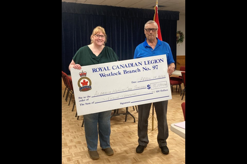 Megan McCoy-McLeavin (left) accepting the donations on behalf of Westlock Health Care from Dave Hall (left).  