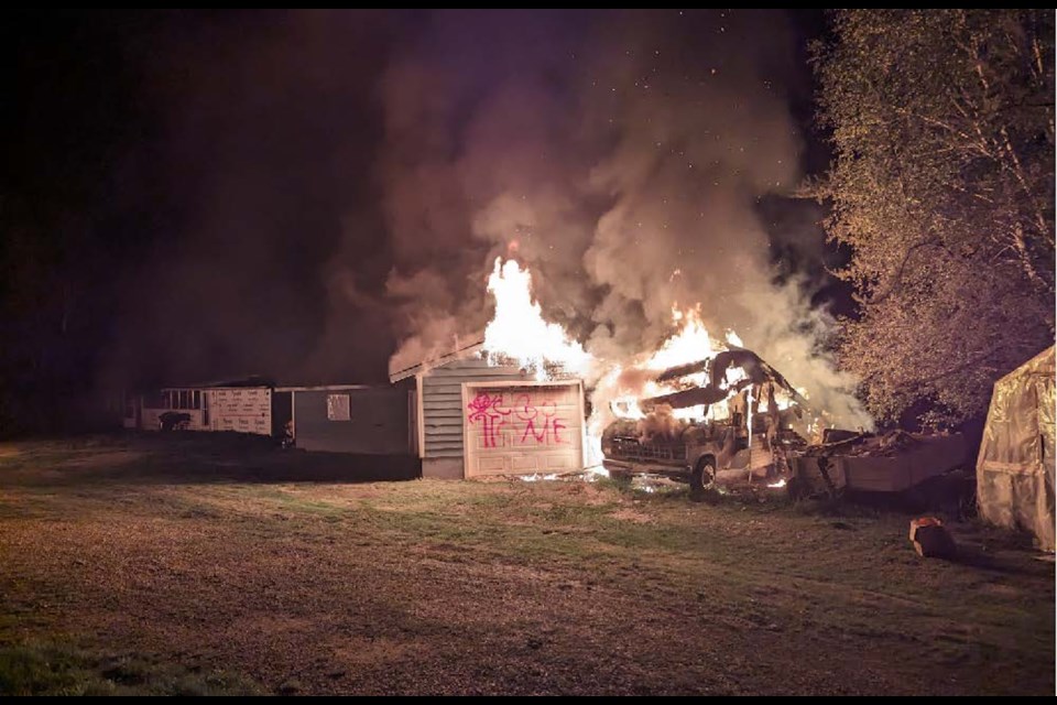On Sept. 9 at 2:35 a.m. Athabasca RCMP responded to a call regarding a residential fire north of town. Initial investigations deemed the blaze as suspicious, and the graffiti on the garage which reads, "go home," is said to have been absent before the fire. 