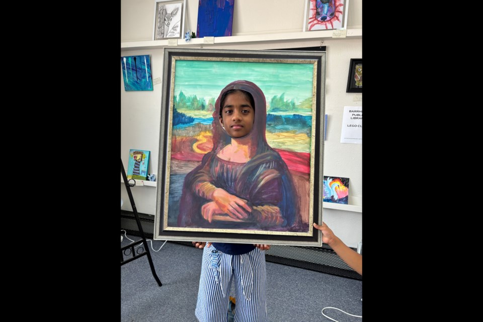 Sree Prakash as Mona Lisa at the Barrhead Art Club reception on July 26.   Photo supplied.