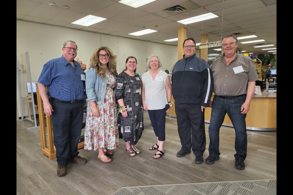 Dignitaries spoke at the Elain eDickie Retirement reception on June 19 and offered their best wishes. Left to Right - Mayor Dave McKenzie, School Trustee Victoria Kane, New Director Lindsey Juke Turnbull, Elaine Dickie, PHSD Chair David Truckey, County Reeve Doug Drozd