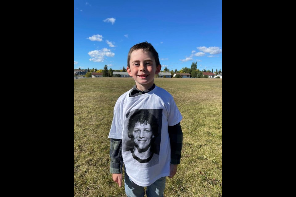 Schools across the Aspen View Public Schools division took part in various Terry Fox Run related activities in honour of his Marathon of Hope which has raised over $850 million worldwide for cancer research. Fox died June 28, 1981, at the age 22 but his legacy endures. Pictured, Knox Brierly sports a Terry Fox t-shirt for the Terry Fox Run held Sept. 23 at Whispering Hills Primary School. 